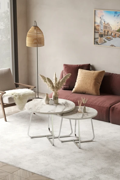 Orta Sehpa , Üsküp 2'li Orta Sehpa Takımı , Gümüş Metal - Beyaz Mermer Tabla ürün görseli