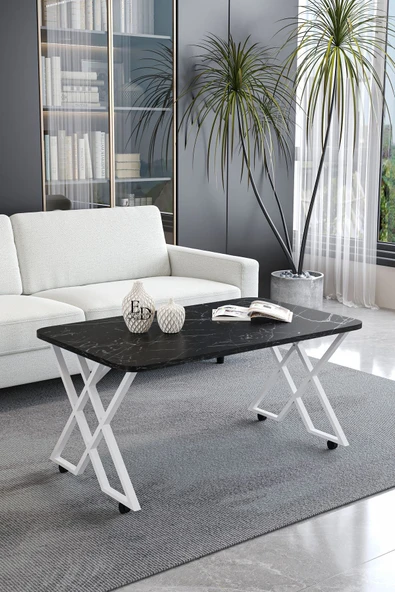 Orta Sehpa , Milano Tekerlekli Orta Sehpa , Beyaz Metal - Siyah Mermer Tabla ürün görseli