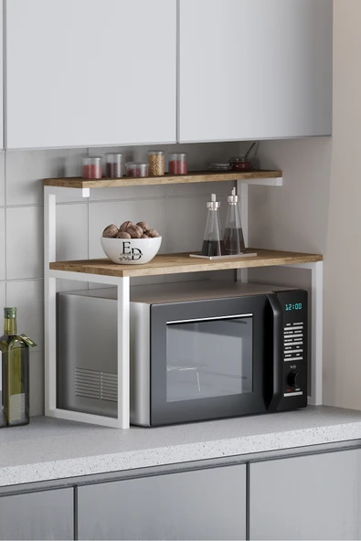 Akik 2 Raflı Metal Çok Amaçlı Mutfak Rafı / Tezgah Üstü Raf Beyaz Metal - Atlantik Çam Tabla ürün görseli