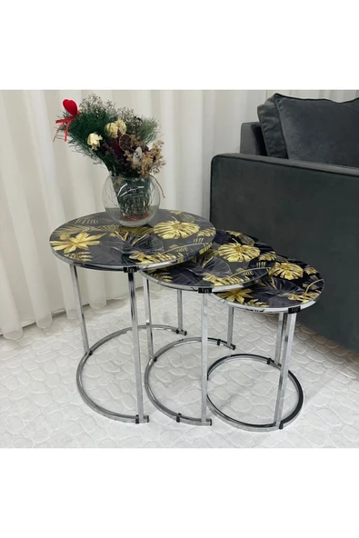 Zigon Sehpa , Paris 3'lü Camlı C Zigon Sehpa Takımı , Gümüş Metal - Cam 91 - Resim 2