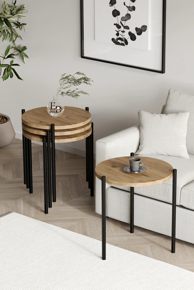 Zigon Sehpa , Nice 4'lü Zigon Sehpa Takımı , Siyah Metal - Atlantik Çam Tabla - Resim 2