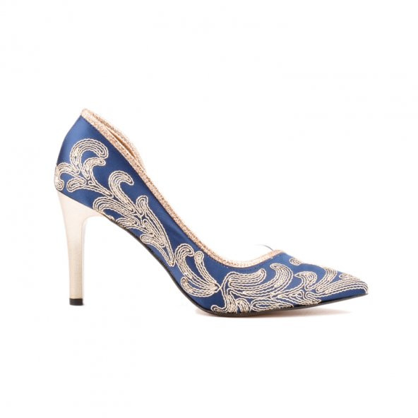 Derinet Desenli Lacivert Topuklu Kadın Ayakkabı