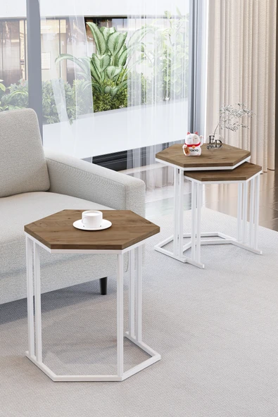 Zigon Sehpa , Tokyo 3'lü Zigon Takımı , Beyaz Metal - Atlantik Çam Tabla - Resim 2