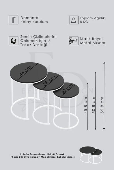 Zigon Sehpa , Paris 3'lü C Zigon Sehpa Takımı , Gümüş Metal - Siyah Mermer Tabla - Resim 3
