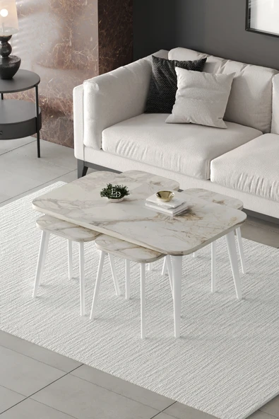 Zigon ve Orta Sehpa 5'li Takım , Metal Ayaklı , Roma 4+1 Sehpa , Beyaz Metal - Beyaz Mermer Tabla ürün görseli