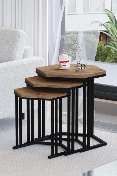 Zigon Sehpa , Tokyo 3'lü Zigon Takımı , Siyah Metal - Atlantik Çam Tabla ürün görseli