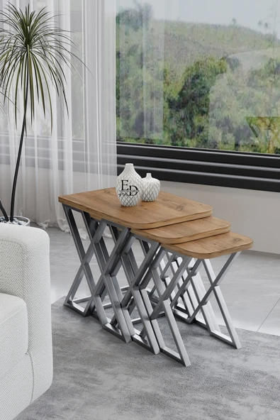 Zigon Sehpa , Milano 3'lü Zigon Sehpa Takımı , Gümüş Metal - Atlantik Çam Tabla ürün görseli