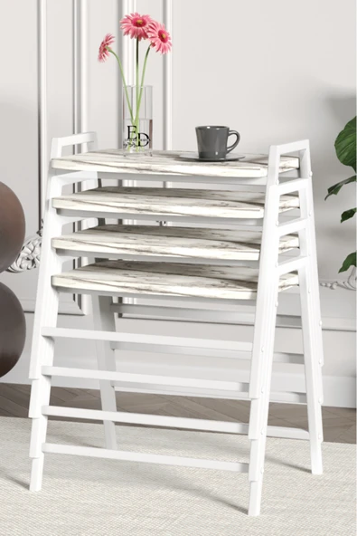 Zigon Sehpa , Aden 4'lü Tepsi Zigon Sehpa Takımı Beyaz Metal - Beyaz Mermer Tabla ürün görseli