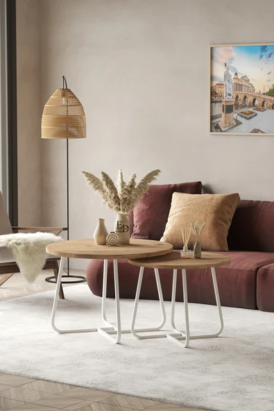 Orta Sehpa , Üsküp 2'li Orta Sehpa Takımı , Beyaz Metal - Atlantik Çam Tabla - Resim 2