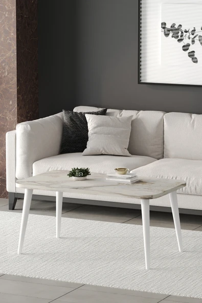 Orta Sehpa Metal Ayaklı , Roma Orta Sehpa , Beyaz Metal - Beyaz Mermer Tabla - Resim 2