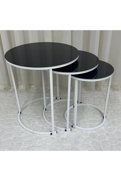 Zigon Sehpa , Paris 3'lü Camlı C Zigon Sehpa Takımı , Beyaz Metal - Siyah Cam - Resim 3