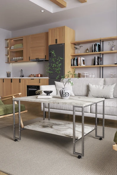 Orta Sehpa , Nury Tekerlekli Orta Sehpa Takımı , Gümüş Metal - Beyaz Mermer Tabla - Resim 2