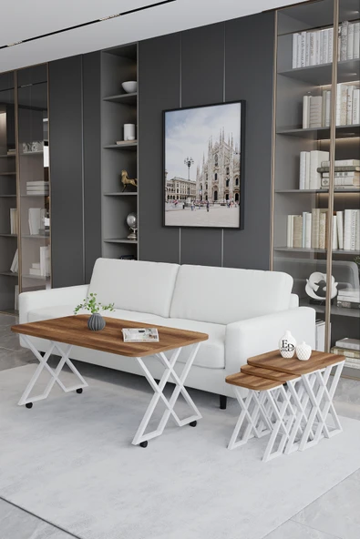 Zigon Sehpa , Milano 3'lü Zigon Sehpa Takımı , Beyaz Metal - Barok Tabla - Resim 2