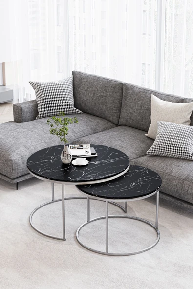 Orta Sehpa , Paris 2'li Orta Sehpa Takımı , Gümüş Metal - Siyah Mermer Tabla ürün görseli