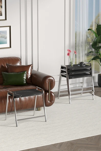 Zigon Sehpa , Aden 4'lü Tepsi Zigon Sehpa Takımı Gümüş Metal - Siyah Mermer Tabla - Resim 4