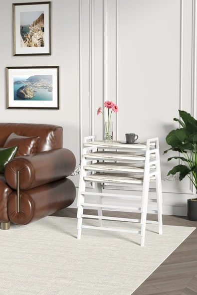 Zigon Sehpa , Aden 4'lü Tepsi Zigon Sehpa Takımı Beyaz Metal - Beyaz Mermer Tabla - Resim 3