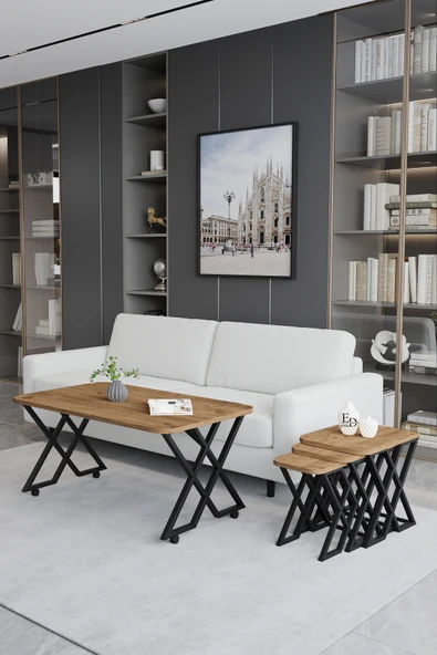 Zigon Sehpa , Milano 3'lü Zigon Sehpa Takımı , Siyah Metal - Atlantik Çam Tabla - Resim 2