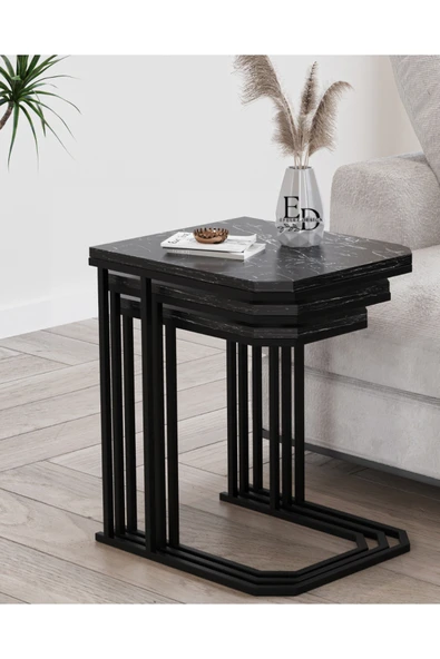 Zigon Sehpa , Lyon 3'lü C Zigon Sehpa Takımı , Siyah Metal - Siyah Mermer Tabla ürün görseli