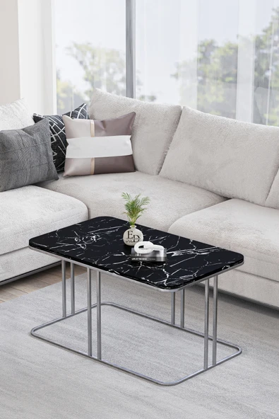 Orta Sehpa , Lyon Orta Sehpa , Gümüş Metal - Siyah Mermer Tabla ürün görseli