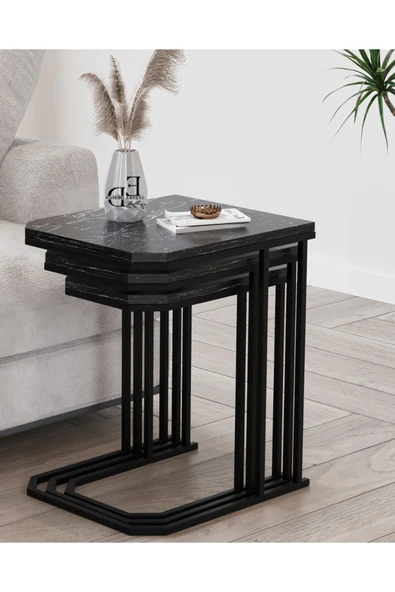 Zigon Sehpa , Lyon 3'lü C Zigon Sehpa Takımı , Siyah Metal - Siyah Mermer Tabla - Resim 2