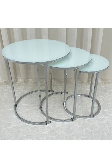 Zigon Sehpa , Paris 3'lü Camlı C Zigon Sehpa Takımı , Gümüş Metal - Beyaz Cam - Resim 3