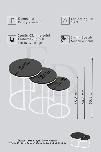 Zigon Sehpa , Paris 3'lü C Zigon Sehpa Takımı , Beyaz Metal - Beyaz Mermer Tabla - Resim 3