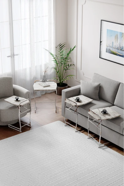 Zigon Sehpa , Miami 4'lü Zigon Sehpa Takımı , Gümüş Metal - Beyaz Mermer Tabla - Resim 2