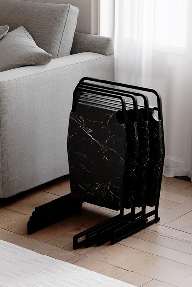 Zigon Sehpa , Miami 4'lü Zigon Sehpa Takımı , Siyah Metal - Siyah Mermer Tabla ürün görseli