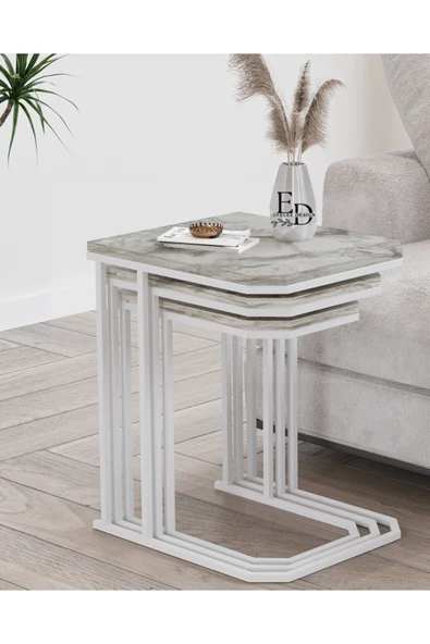 Zigon Sehpa , Lyon 3'lü C Zigon Sehpa Takımı , Beyaz Metal - Beyaz Mermer Tabla ürün görseli