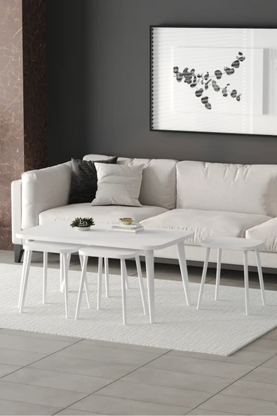 Zigon ve Orta Sehpa 5'li Takım , Metal Ayaklı , Roma 4+1 Sehpa , Beyaz Metal - Beyaz Tabla - Resim 2