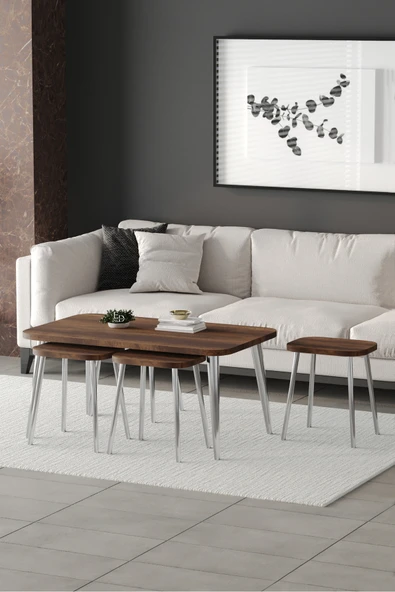 Zigon ve Orta Sehpa 5'li Takım , Metal Ayaklı , Roma 4+1 Sehpa , Gümüş Metal - Barok Tabla - Resim 2