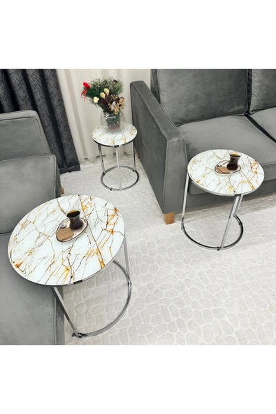 Zigon Sehpa , Paris 3'lü Camlı C Zigon Sehpa Takımı , Gümüş Metal - Cam-94 - Resim 4