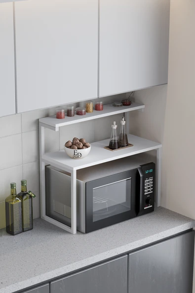 Akik 2 Raflı Metal Çok Amaçlı Mutfak Rafı / Tezgah Üstü Raf Beyaz Metal - Beyaz Tabla - Resim 2