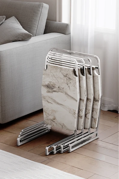Zigon Sehpa , Miami 4'lü Zigon Sehpa Takımı , Gümüş Metal - Beyaz Mermer Tabla ürün görseli