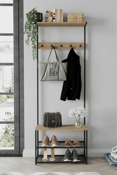 Vestiyer , Portmanto , Askılık , Ruby 3 Raflı Ayakkabılık, , Siyah Metal - Atlantik Çam Tabla ürün görseli
