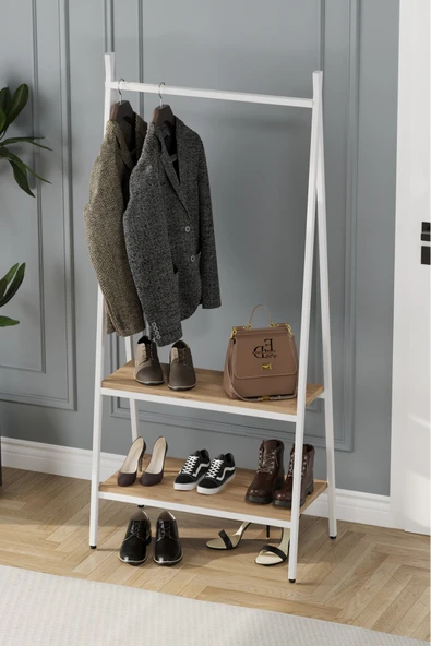 Jade Konfeksiyon Elbise Askılık , 2 Raflı Askılık , Beyaz Metal - Atlantik Çam Tabla - Resim 3