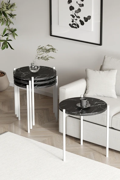 Zigon Sehpa , Nice 4'lü Zigon Sehpa Takımı , Beyaz Metal - Siyah Mermer Tabla - Resim 2