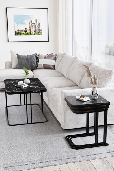 Zigon Sehpa , Lyon 3'lü C Zigon Sehpa Takımı , Siyah Metal - Siyah Mermer Tabla - Resim 4