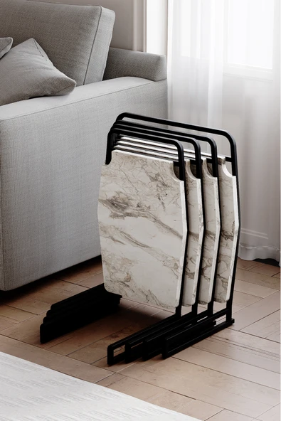 Zigon Sehpa , Miami 4'lü Zigon Sehpa Takımı , Siyah Metal - Beyaz Mermer Tabla ürün görseli