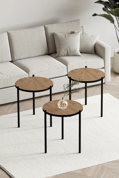 Zigon Sehpa , Nice 3'lü Zigon Sehpa Takımı , Siyah Metal - Atlantik Çam Tabla - Resim 2