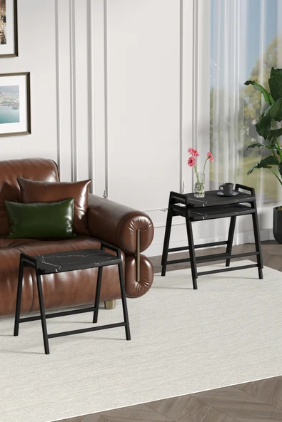 Zigon Sehpa , Aden 3'lü Tepsi Zigon Sehpa Takımı Siyah Metal - Siyah Mermer Tabla - Resim 4