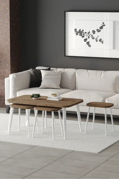 Zigon ve Orta Sehpa 5'li Takım , Metal Ayaklı , Roma 4+1 Sehpa , Beyaz Metal - Atlantik Çam Tabla - Resim 2