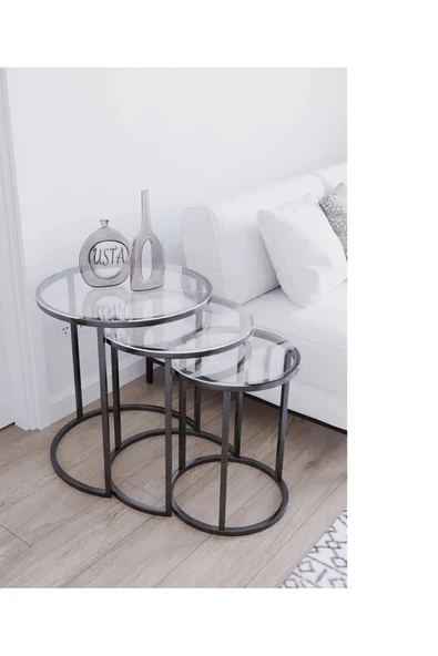 Zigon Sehpa , Paris 3'lü Camlı C Zigon Sehpa Takımı , Gümüş Metal - Şeffaf Cam ürün görseli