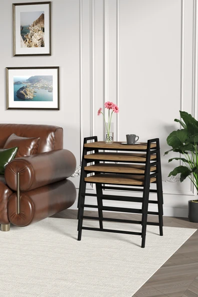 Zigon Sehpa , Aden 4'lü Tepsi Zigon Sehpa Takımı Siyah Metal - Atlantik Çam Tabla - Resim 3