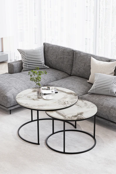 Orta Sehpa , Paris 2'li Orta Sehpa Takımı , Siyah Metal - Beyaz Mermer Tabla ürün görseli