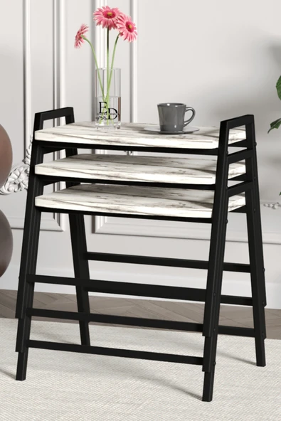 Zigon Sehpa , Aden 3'lü Tepsi Zigon Sehpa Takımı Siyah Metal - Beyaz Mermer Tabla - Resim 2