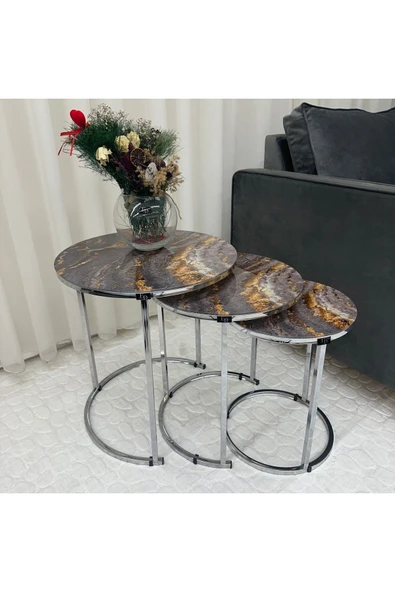 Zigon Sehpa , Paris 3'lü Camlı C Zigon Sehpa Takımı , Gümüş Metal - Cam-92 ürün görseli