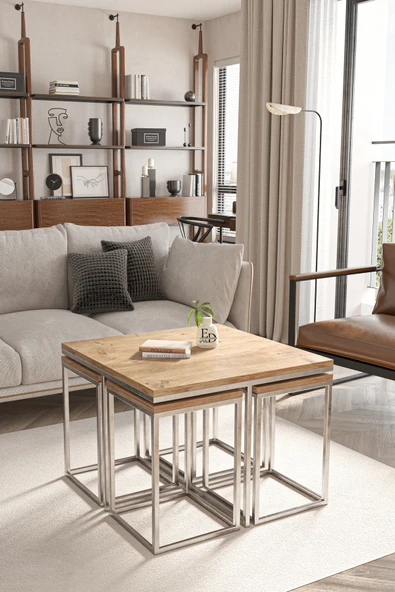 Orta Sehpa , Lizbon 4 1 , Kare Pizza Sehpa Takımı , Gümüş Metal - Atlantik Çam Tabla - Resim 2