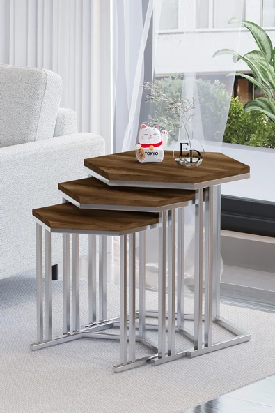 Zigon Sehpa , Tokyo 3'lü Zigon Takımı , Gümüş Metal - Barok Tabla ürün görseli