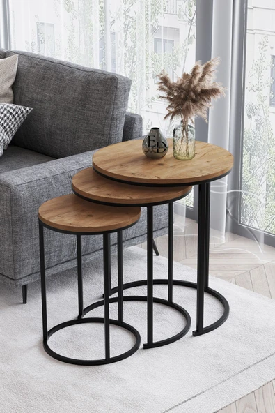 Zigon Sehpa , Paris 3'lü C Zigon Sehpa Takımı , Siyah Metal - Atlantik Çam Tabla ürün görseli